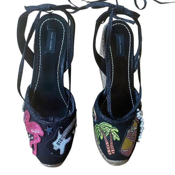 MARC JACOBS Nathalie Wedge Espadrille Embellished Appliqued Patches EU 38 US 7.5 - Picture 5 of 10